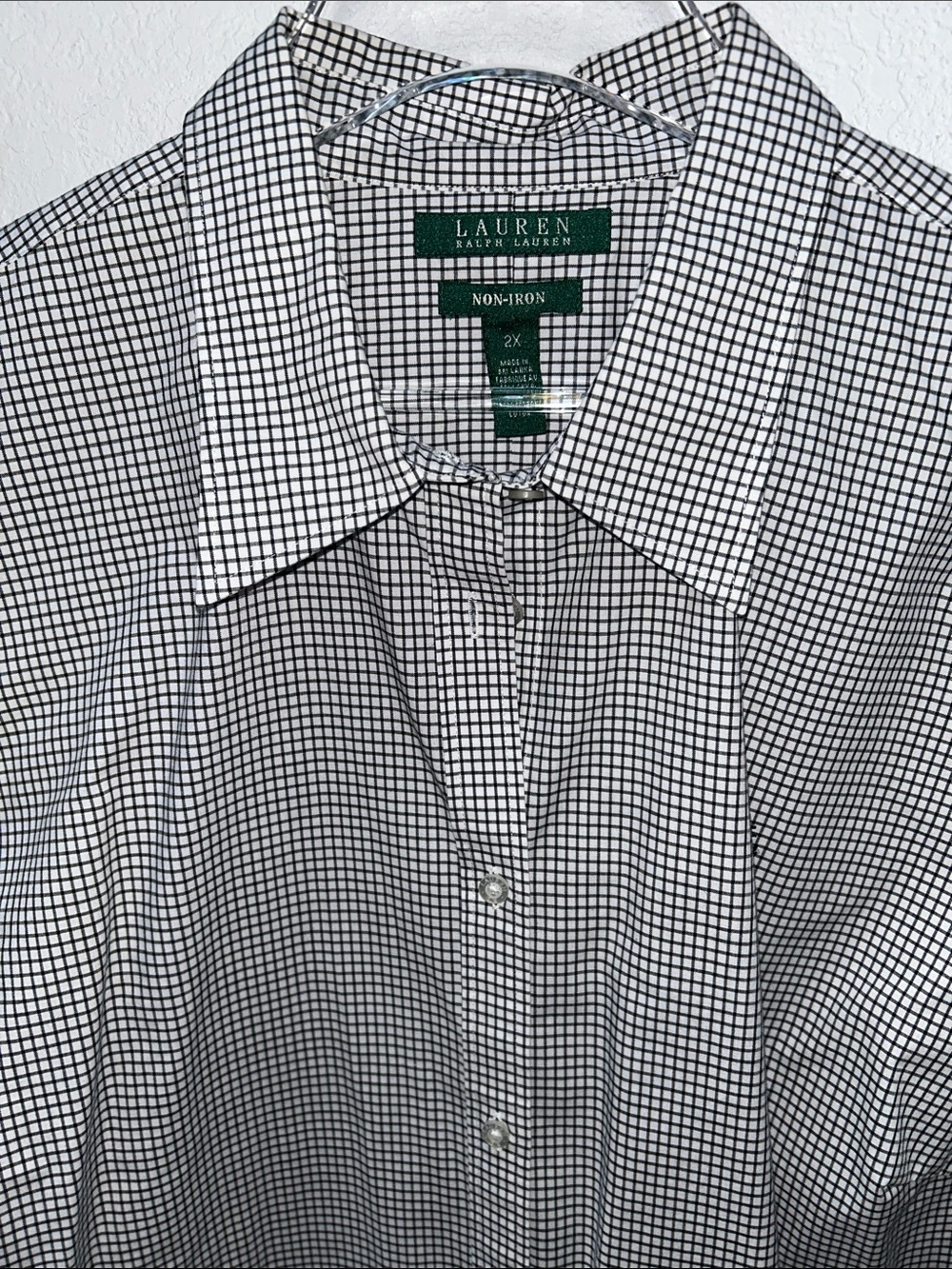 Lauren by Ralph Lauren Black White Check no Iron 3/4 Sleeve Button-Down 2X EUC